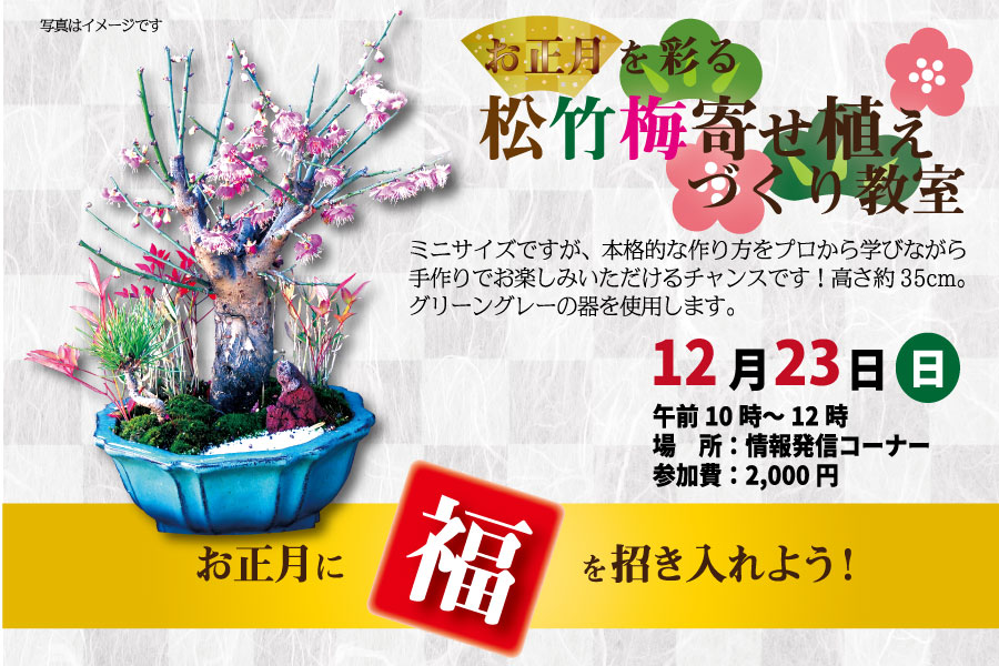 お正月に福を招き入れよう お正月を彩る 松竹梅寄せ植えづくり教室 12 23 ミニ門松づくり教室 12 24 道の駅 みのりの郷東金 千葉県東金市