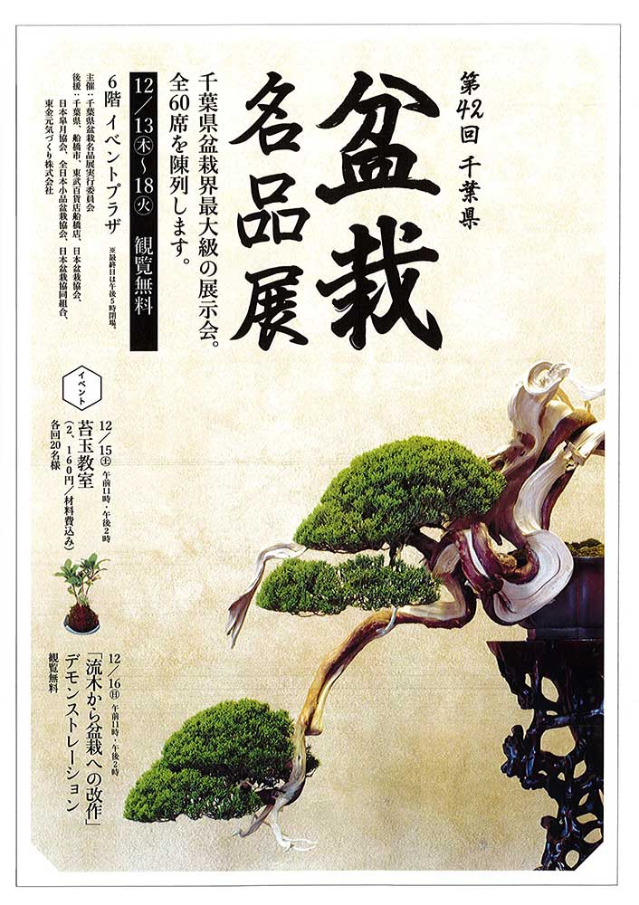 第42回 千葉県 盆栽名品展 が船橋東武で開催されます 18年12月13日 木 18日 火 道の駅 みのりの郷東金 千葉県東金市