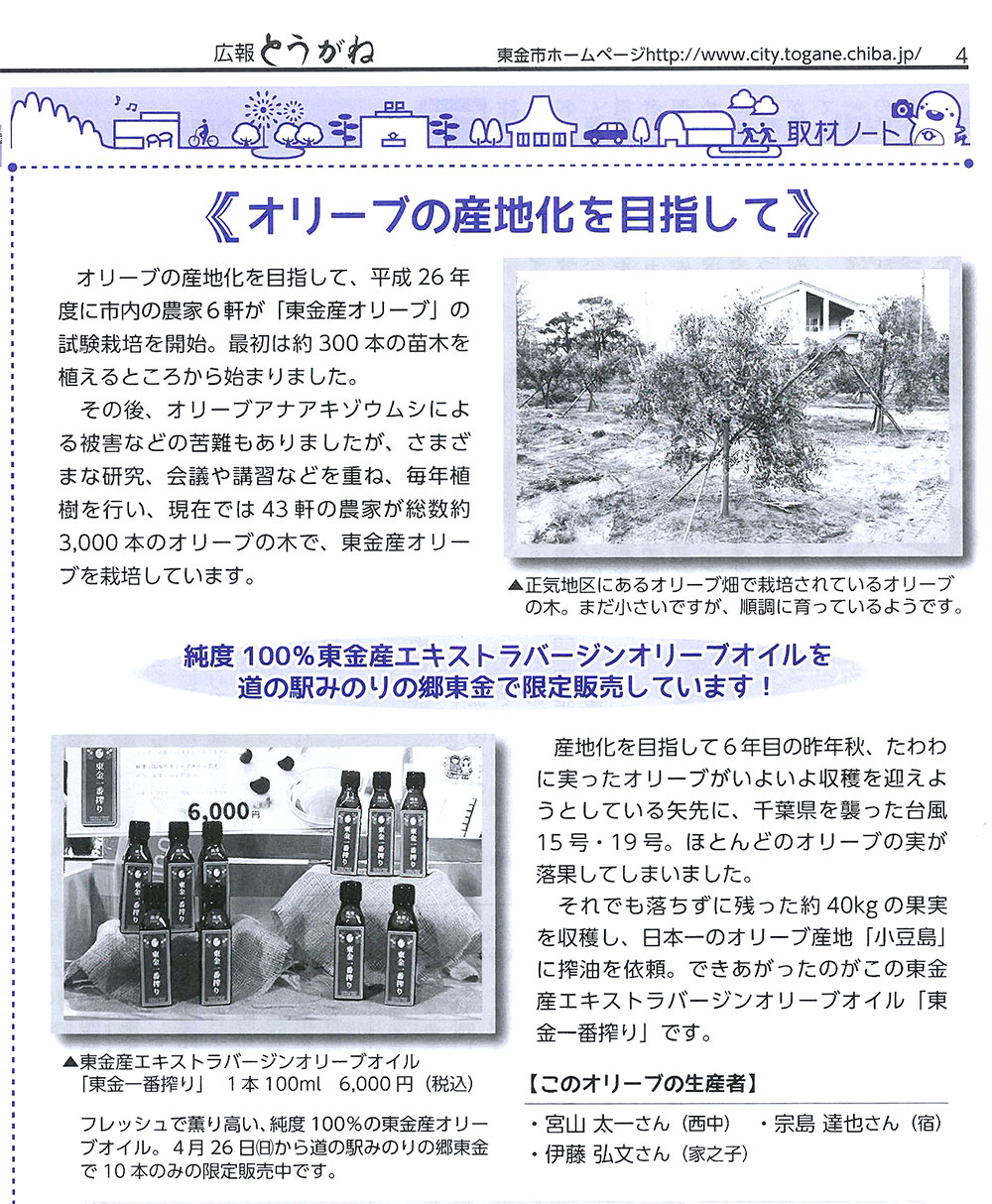 東金のオリーブの取り組みについて 広報とうがね 5月15日号でご紹介いただきました 道の駅 みのりの郷東金 千葉県東金市